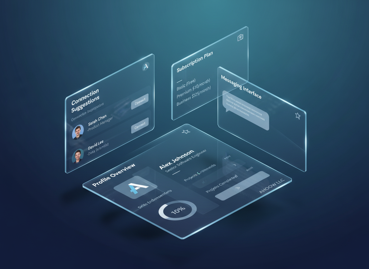 An isometric view of multiple floating glass-like panels arranged in three-dimensional space, each panel representing a feature of a professional networking app: profile overviews, connection suggestions, messaging interfaces, and subscription plan options. The panels hover above a subtle gradient background transitioning from deep navy to soft teal, evoking a secure digital cloud environment. Gentle, cool studio lighting creates reflective highlights along panel edges and soft shadows beneath, enhancing the illusion of depth. The composition uses dynamic diagonals, with the largest feature panel in the foreground in sharp focus, and smaller panels receding into a tasteful blur. The mood is innovative and energetic yet controlled, with photographic realism applied to the semi-transparent surfaces and UI elements, ideal for illustrating the breadth of AHOOW LLC’s digital services.