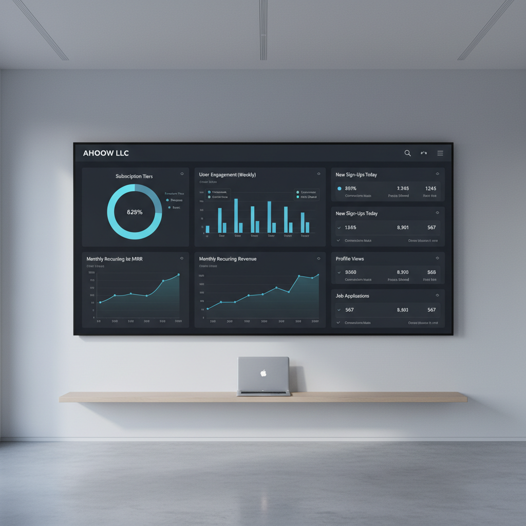 A large, wall-mounted digital display in a minimalist office environment showcasing a detailed analytics dashboard for a professional networking SaaS platform. The screen features clear charts, subscription metrics, user engagement graphs, and modular interface elements arranged with precise alignment and ample white space. Below the display, a slim floating shelf holds a single, closed ultrabook laptop, reinforcing a fully digital workspace. Soft, indirect ceiling lighting combined with cool daylight from a nearby unseen window bathes the space in even, low-contrast illumination, eliminating harsh shadows. Captured straight-on with symmetrical composition and sharp focus from edge to edge, the scene conveys reliability, transparency, and strategic clarity. The photographic style is crisp and contemporary, highlighting AHOOW LLC’s data-driven, subscription-based professional networking services.