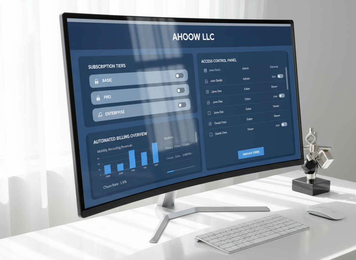 A meticulously organized digital workspace on a glossy white desk featuring a high-end monitor displaying the AHOOW LLC admin console for managing subscriptions and user access. The interface shows toggles for subscription tiers, automated billing overviews, and access control panels, all in a clean, corporate color palette of blues and neutrals. Next to the monitor, a slim wireless keyboard and mouse rest perfectly aligned, accompanied by a single small, angular desk sculpture that hints at modern technology. Bright, diffused daylight from an unseen window washes over the desk, creating soft reflections on the monitor and subtle shadows beneath the devices. Captured from a three-quarter angle at desk height, with medium depth of field keeping all elements crisp, the atmosphere is orderly, trustworthy, and highly professional, embodying SaaS reliability and operational control.